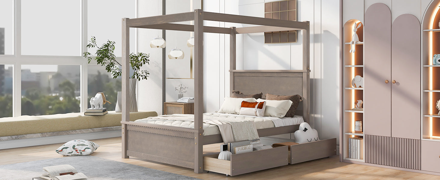 Wood Canopy Bed with two Drawers, Full Size Canopy Platform bed With Support Slats .No Box Spring Needed, Brushed Light Brown - Atlantic Fine Furniture Melbourne FL