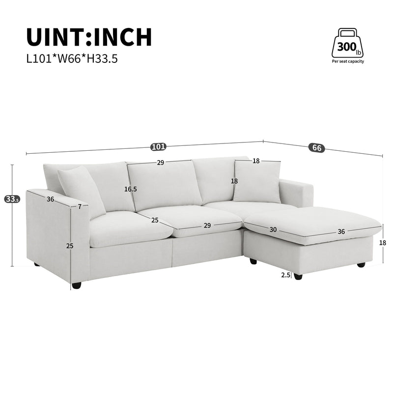 Modern Sectional Sofa, L-Shaped Couch Set With 2 Free Pillows, 4-Seat Polyester Fabric Couch Set With Convertible Ottoman For Living Room, Apartment, Office