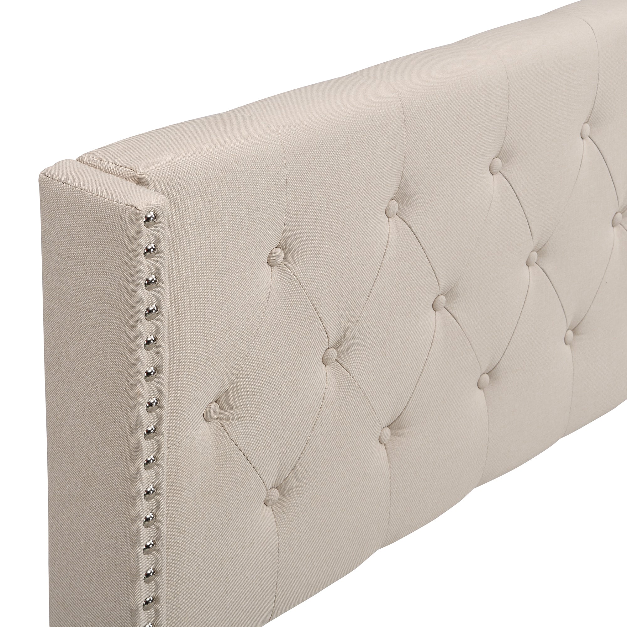 Upholstered Platform Bed with Classic Headboard, Box Spring Needed, Beige Linen Fabric, Queen Size - Atlantic Fine Furniture Melbourne FL