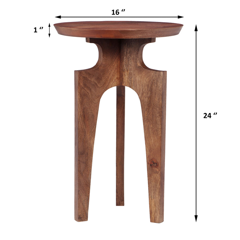 Midcentury Mango Wood Round End Table With 3 Legs - Honey