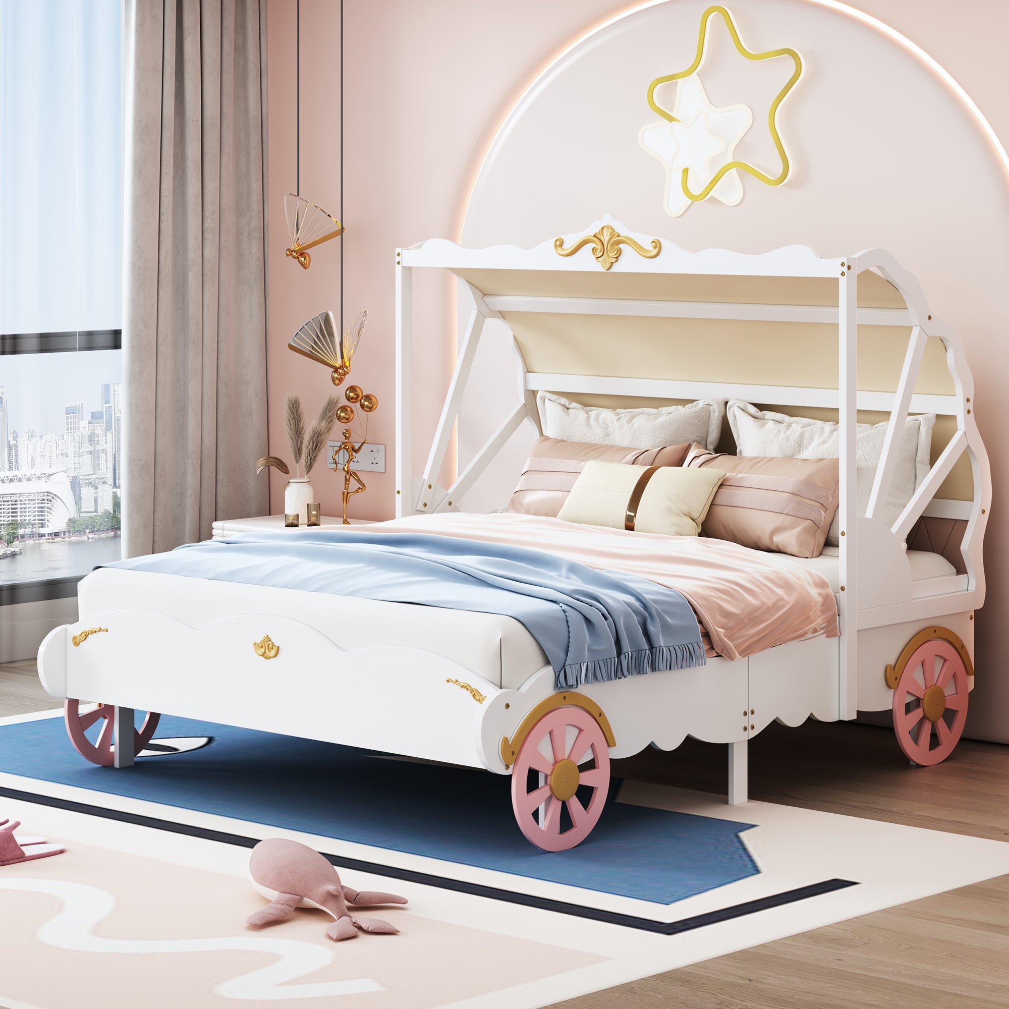 Full Size Princess Carriage Bed with Canopy, Wood Platform Car Bed with 3D Carving Pattern, White+Pink+Gold - Atlantic Fine Furniture Melbourne FL