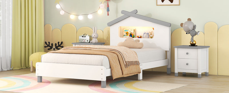 Twin Size Wood Platform Bed with House-shaped Headboard and Motion Activated Night Lights (White+Gray)