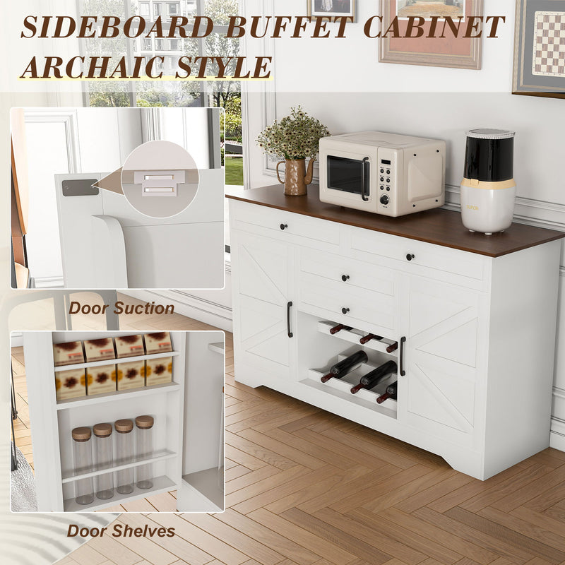 Rustic Farmhouse Kitchen Island With Storage Cabinet, Wood Top Breakfast Bar - White