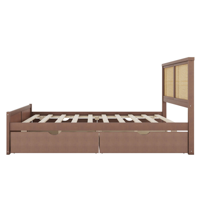 Storage Platform Bed With 4 Drawers, Rattan Headboard