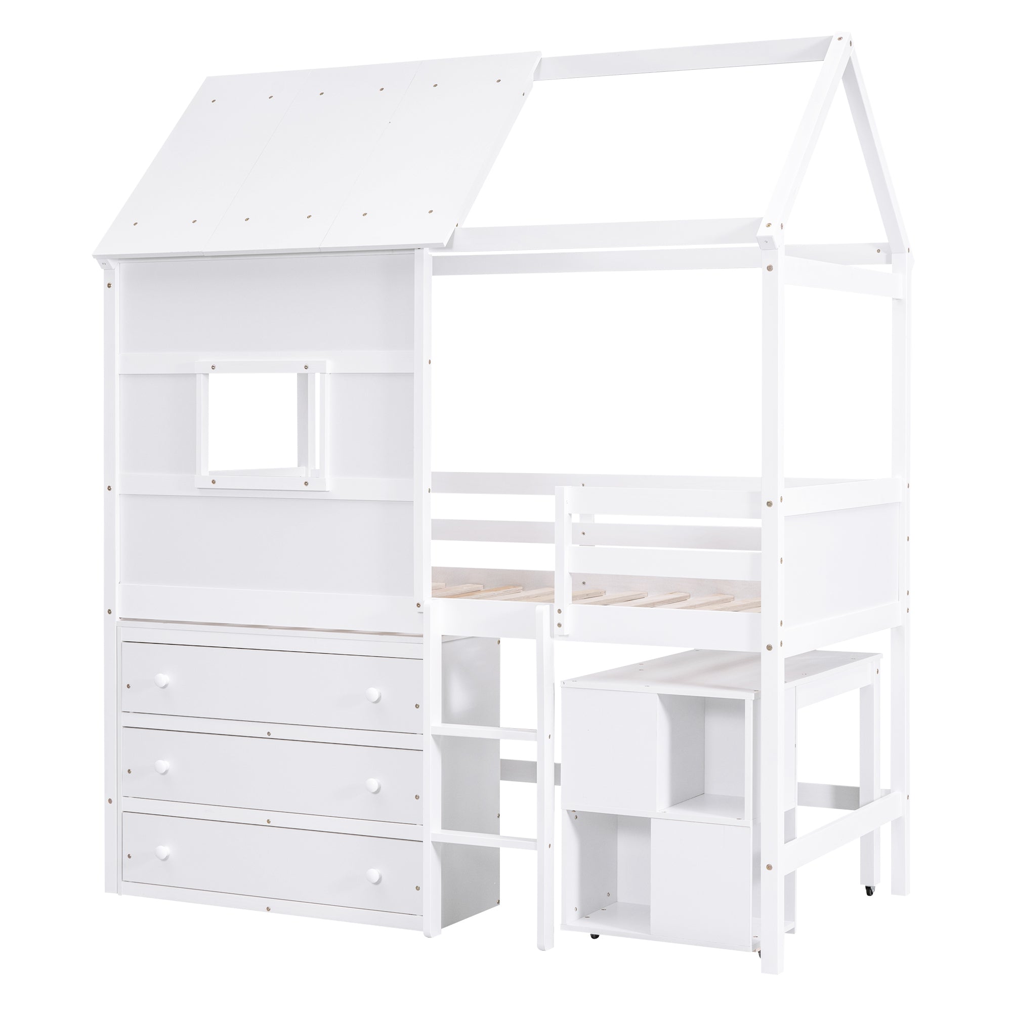 Twin Size House Loft Bed with Storage Desk and 3 Drawer Chest, White - Atlantic Fine Furniture Melbourne FL