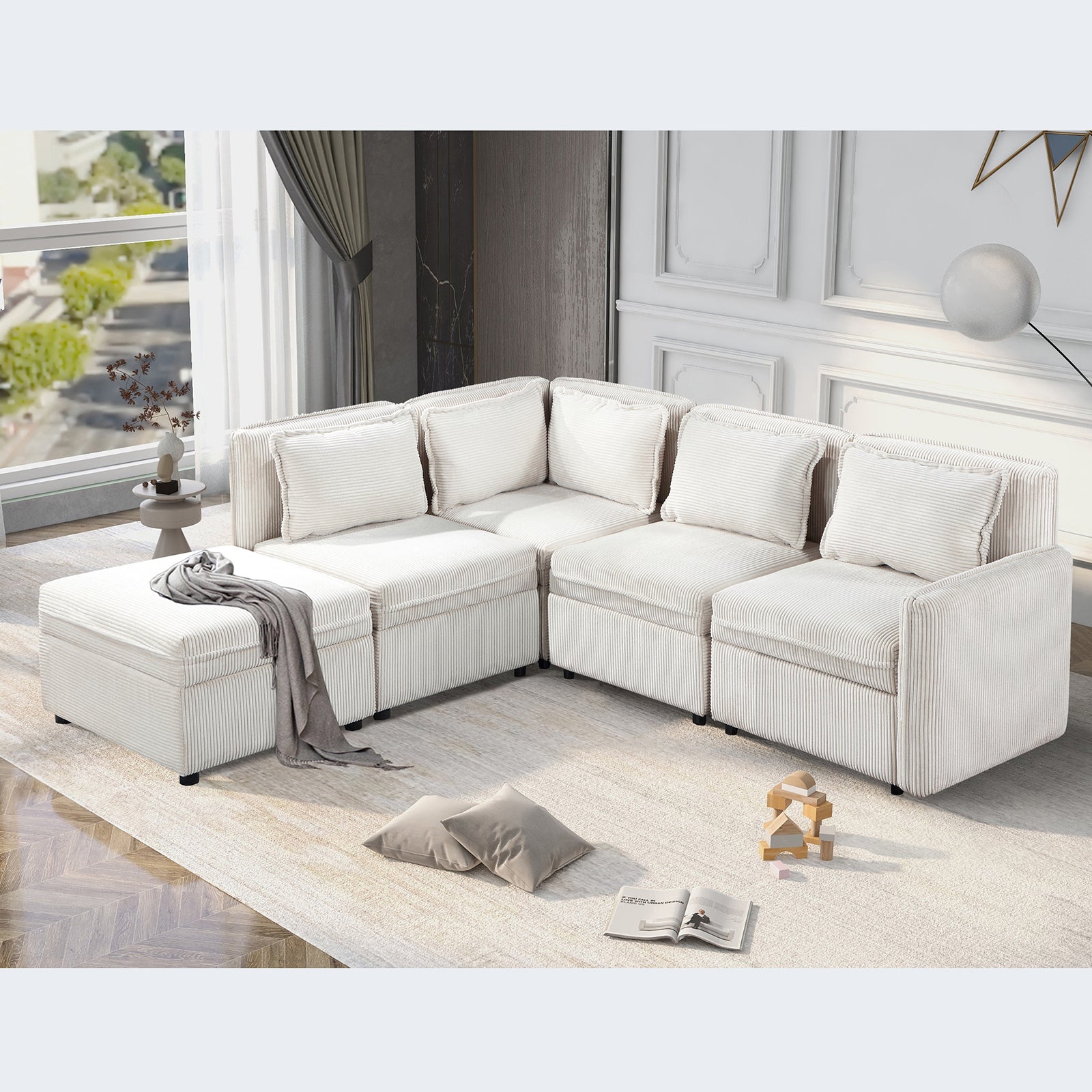 Modular Corduroy Sectional Sofa, Convertible L Shaped Couch Sofa with Storage,  5 Seat Sofa Couch for Living Room, Beige