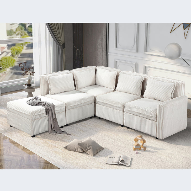 Modular Corduroy Sectional Sofa, Convertible L Shaped Couch Sofa with Storage,  5 Seat Sofa Couch for Living Room, Beige