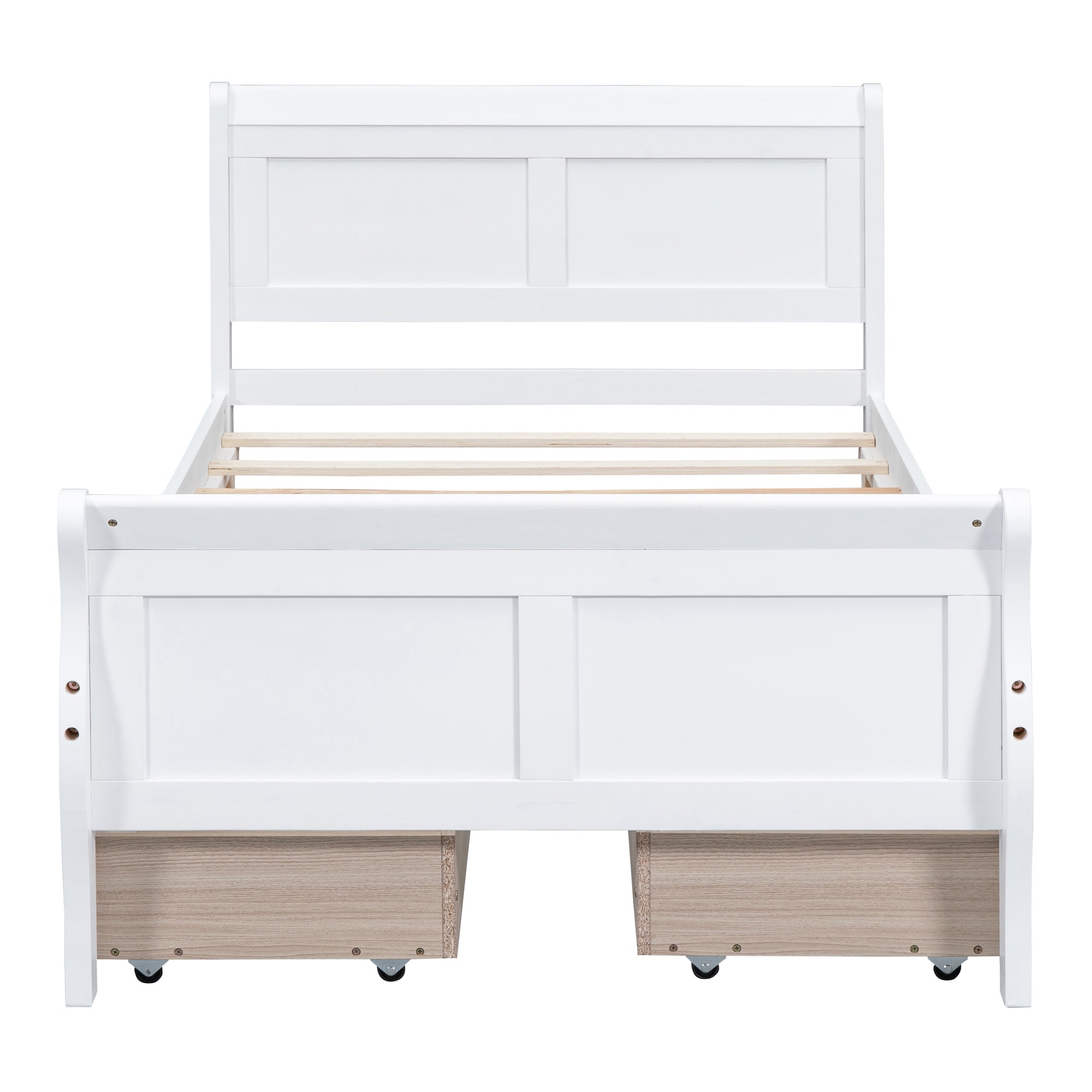 Twin Size Wood Platform Bed with 4 Drawers and Streamlined Headboard & Footboard, White - Atlantic Fine Furniture Melbourne FL