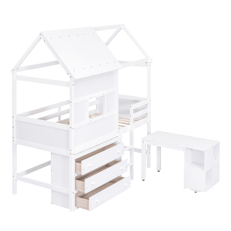 Twin Size House Loft Bed with Storage Desk and 3 Drawer Chest, White