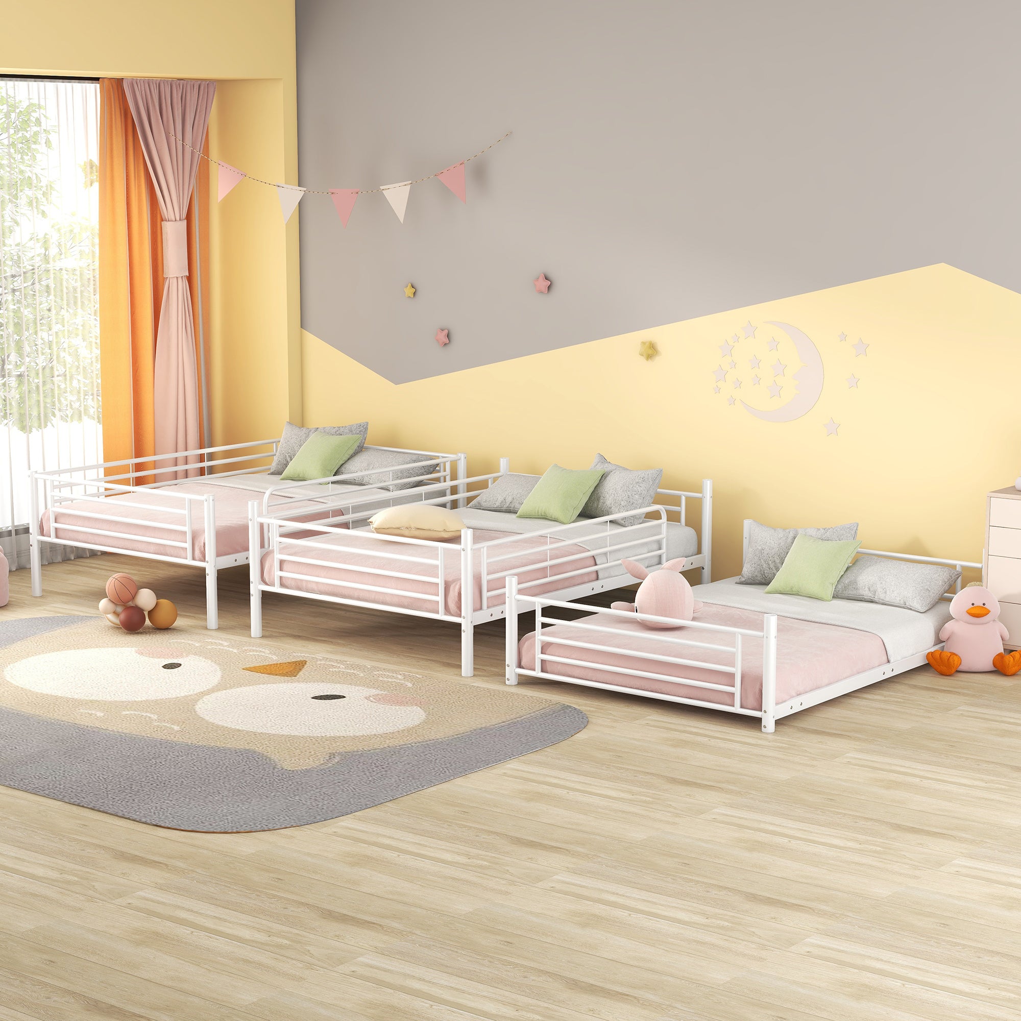 Full-Full-Full Metal  Triple Bed  with Built-in Ladder, Divided into Three Separate Beds,White(OLD SKU:LP000297AAK) - Atlantic Fine Furniture Melbourne FL
