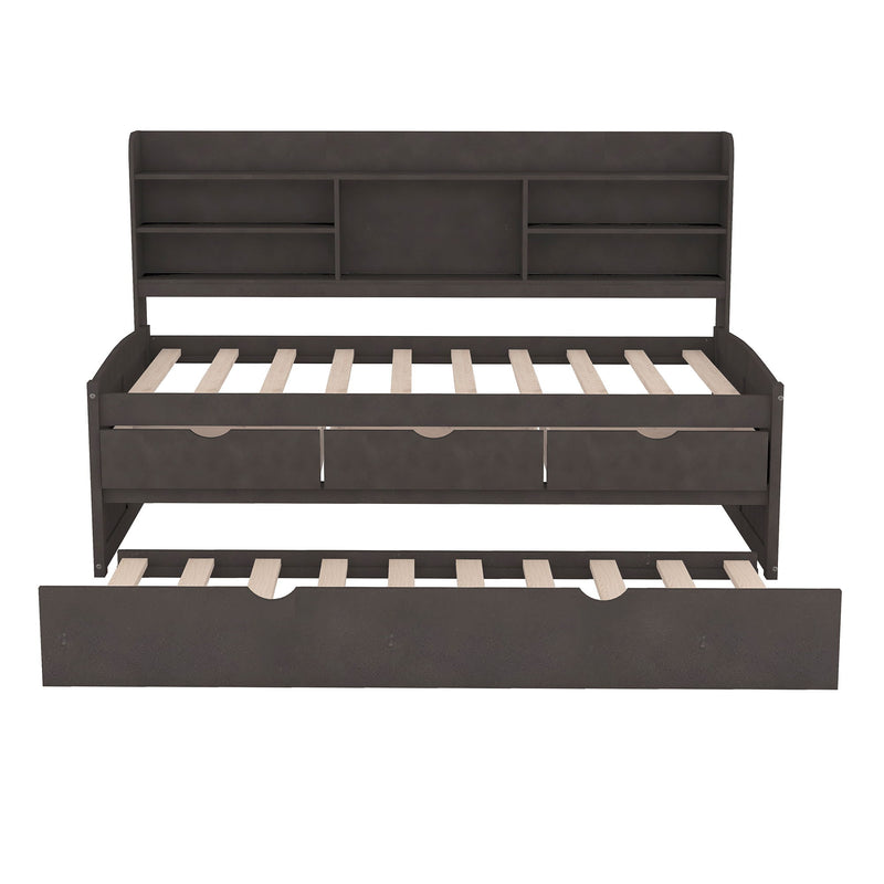 Captain Bed With Built In Bookshelves, 3 Storage Drawers, And Trundle