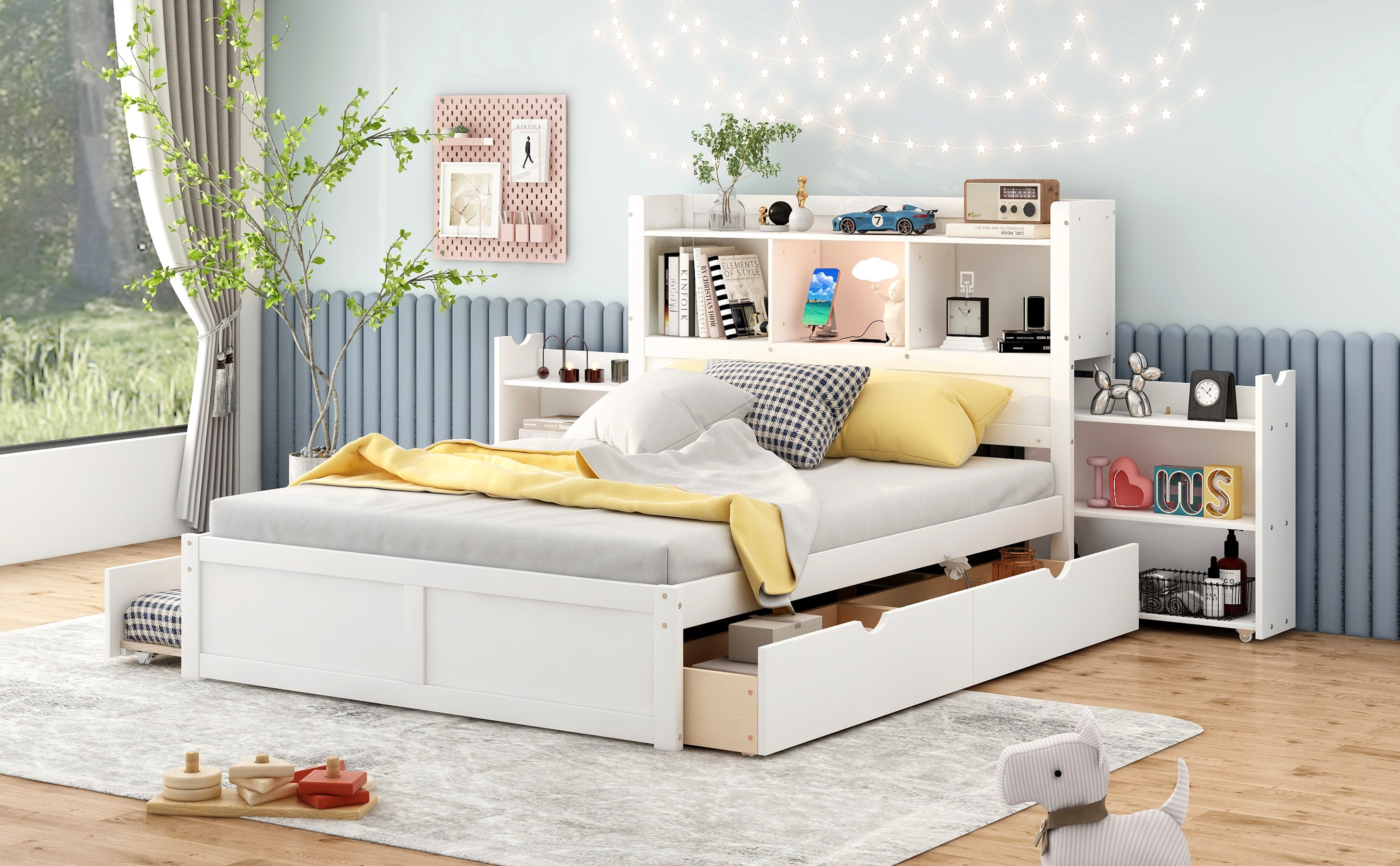Full Size Storage Platform Bed with Pull Out Shelves, Twin Size Trundle and 2 Drawers, White - Atlantic Fine Furniture Melbourne FL
