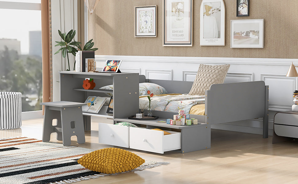 Wood Twin Size Platform Bed with 2 Drawers and 1 Chair&Desk Set, Gray+White - Atlantic Fine Furniture Melbourne FL