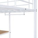 Full Size Loft Bed With Desk And Stool, With Open Style Wardrobe, Shelves And Cabinet - White