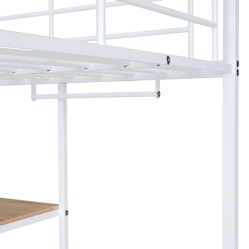 Full Size Loft Bed With Desk And Stool, With Open Style Wardrobe, Shelves And Cabinet - White