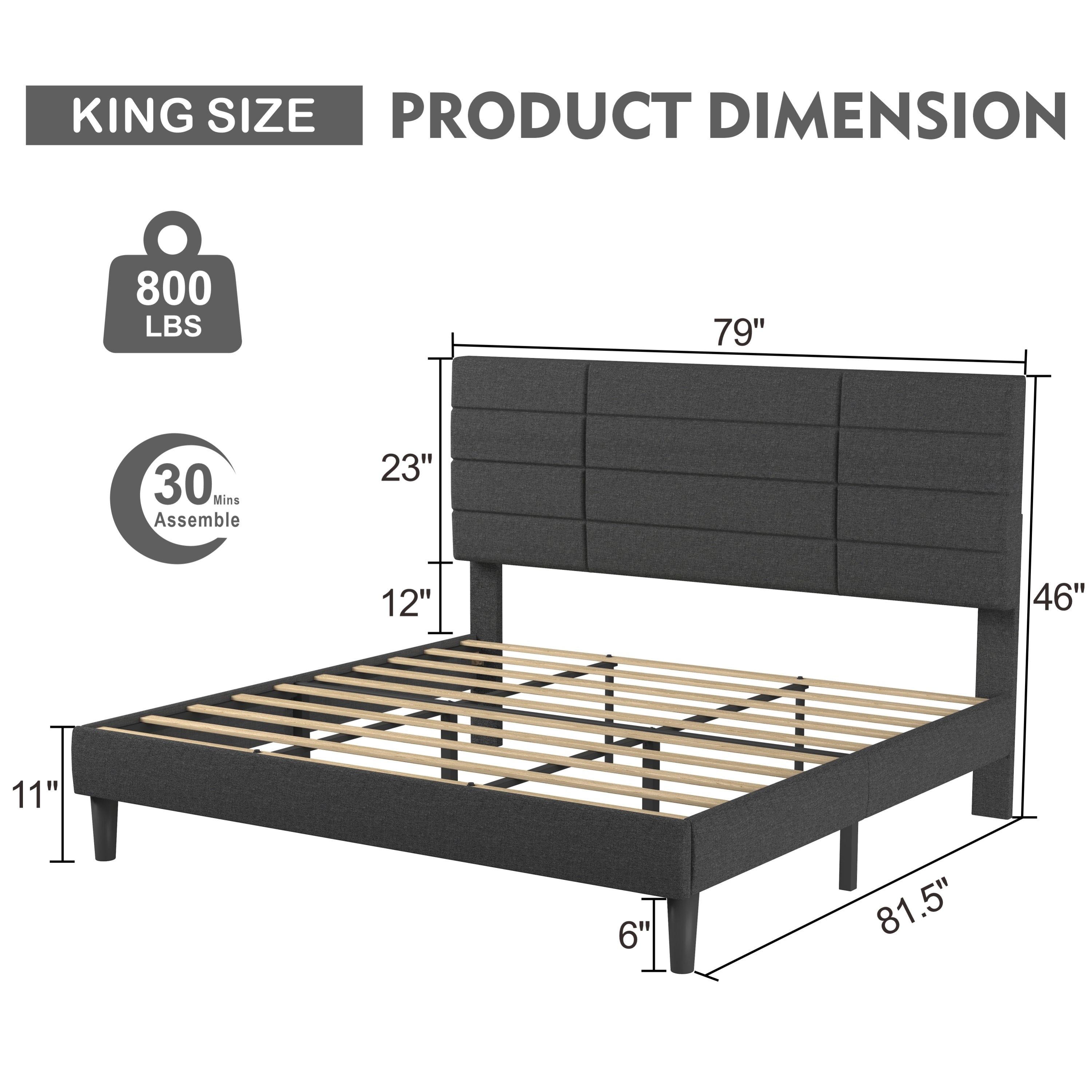 Molblly King Size Bed Frame with Upholstered Headboard, Strong Frame, and Wooden Slats Support, Non-Slip, and Noise-Free, No Box Spring Needed, Easy Assembly, Dark Grey - Atlantic Fine Furniture Melbourne FL