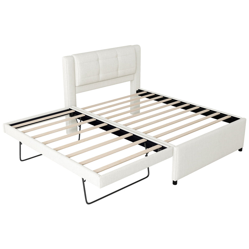 Full Size Upholstered Platform Bed With Adjustable Trundle - Beige