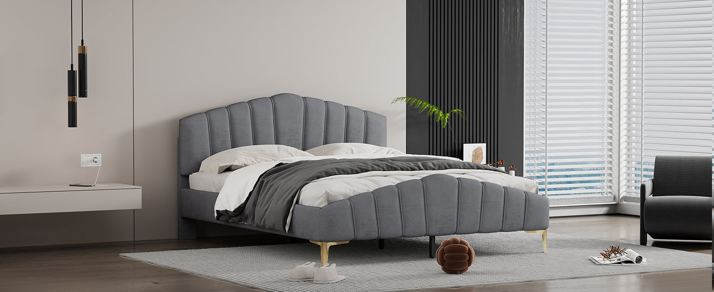 Queen Size Velvet Platform Bed with Thick Fabric, Stylish Stripe Decorated Bedboard and Elegant Metal Bed Leg, Gray - Atlantic Fine Furniture Melbourne FL