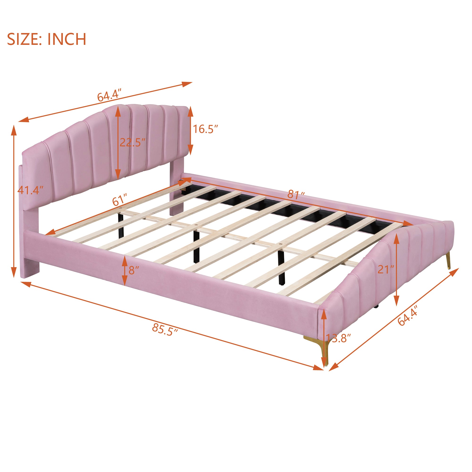 Queen Size Velvet Platform Bed with Thick Fabric, Stylish Stripe Decorated Bedboard and Elegant Metal Bed Leg, Pink - Atlantic Fine Furniture Melbourne FL
