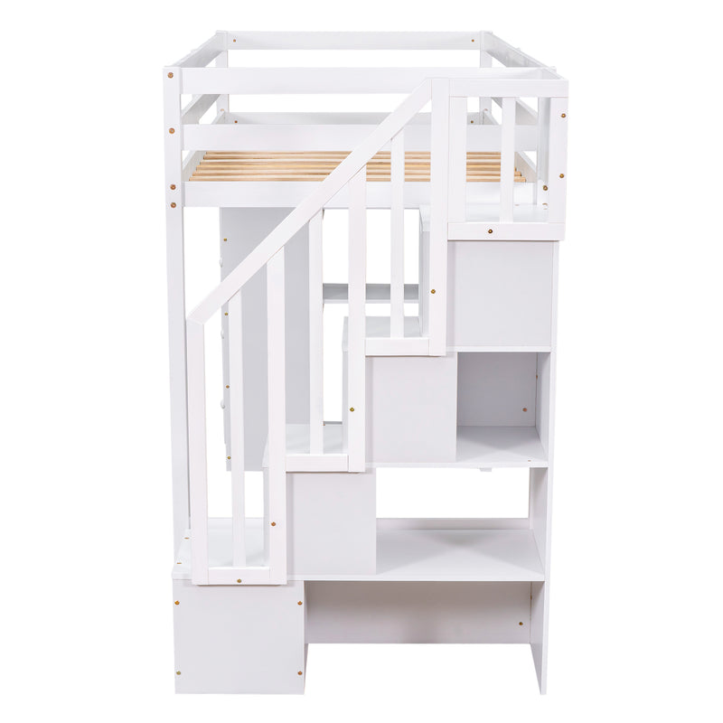 Twin size Loft Bed with Storage Drawers and Stairs, Wooden Loft Bed with Shelves - White