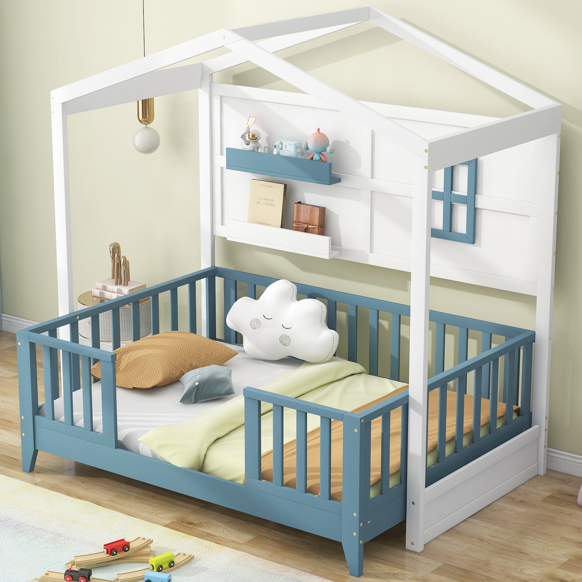 Twin Size Wood House Bed with 2 Shelves and Guardrail, White - Atlantic Fine Furniture Melbourne FL