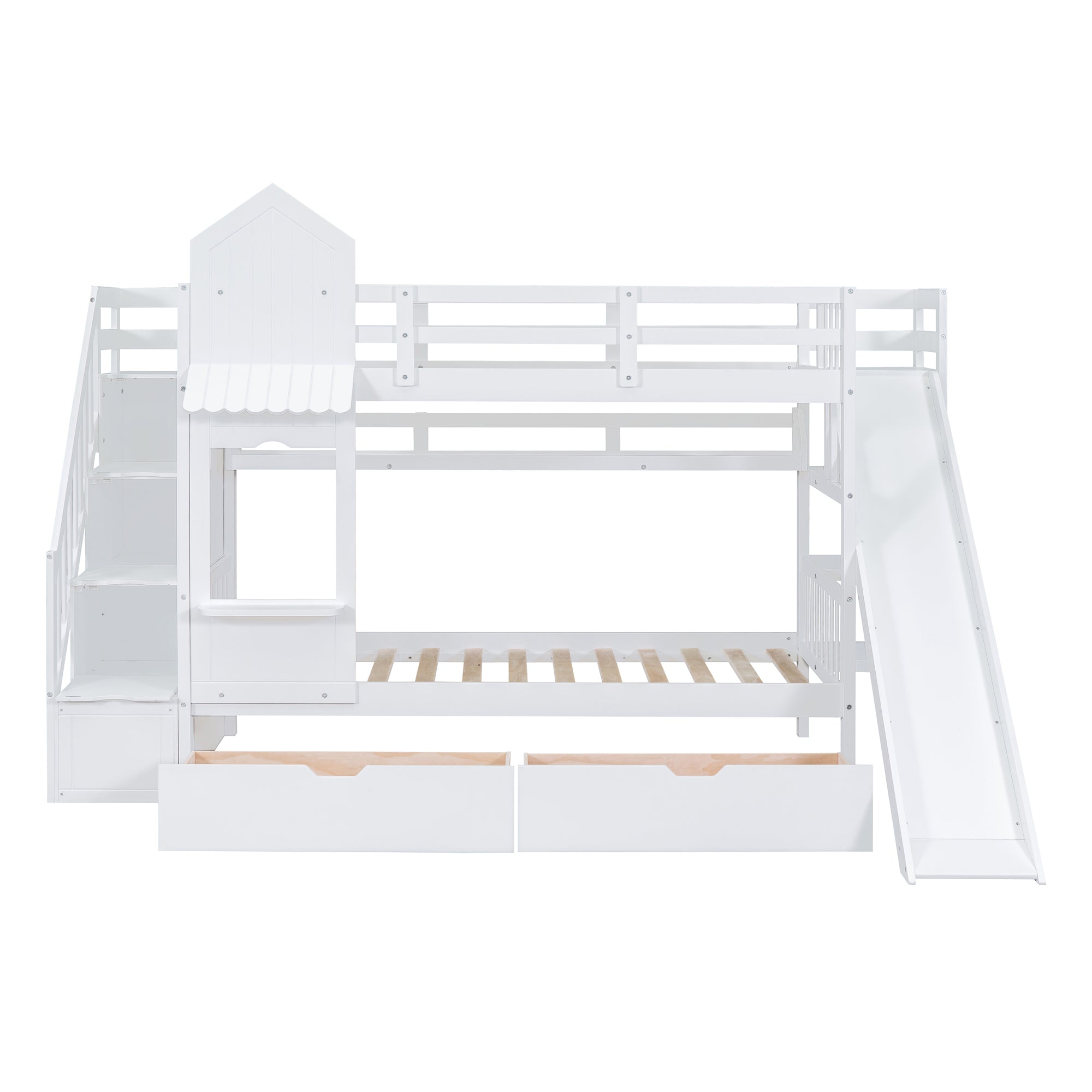 Twin-Over-Twin Castle Style Bunk Bed with 2 Drawers 3 Shelves and Slide - White - Atlantic Fine Furniture Melbourne FL