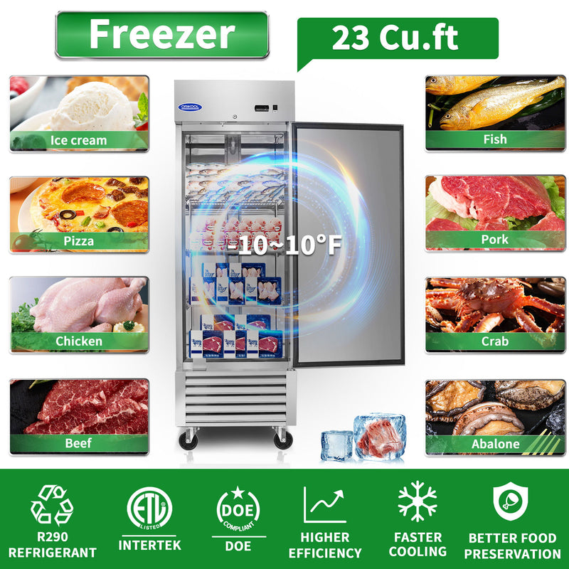 Commercial Freezer 23 Cu.Ft With 1 Solid Door Reach-In Freezers Stainless Steel Etl Approved Upright Freeze Storage - Silver