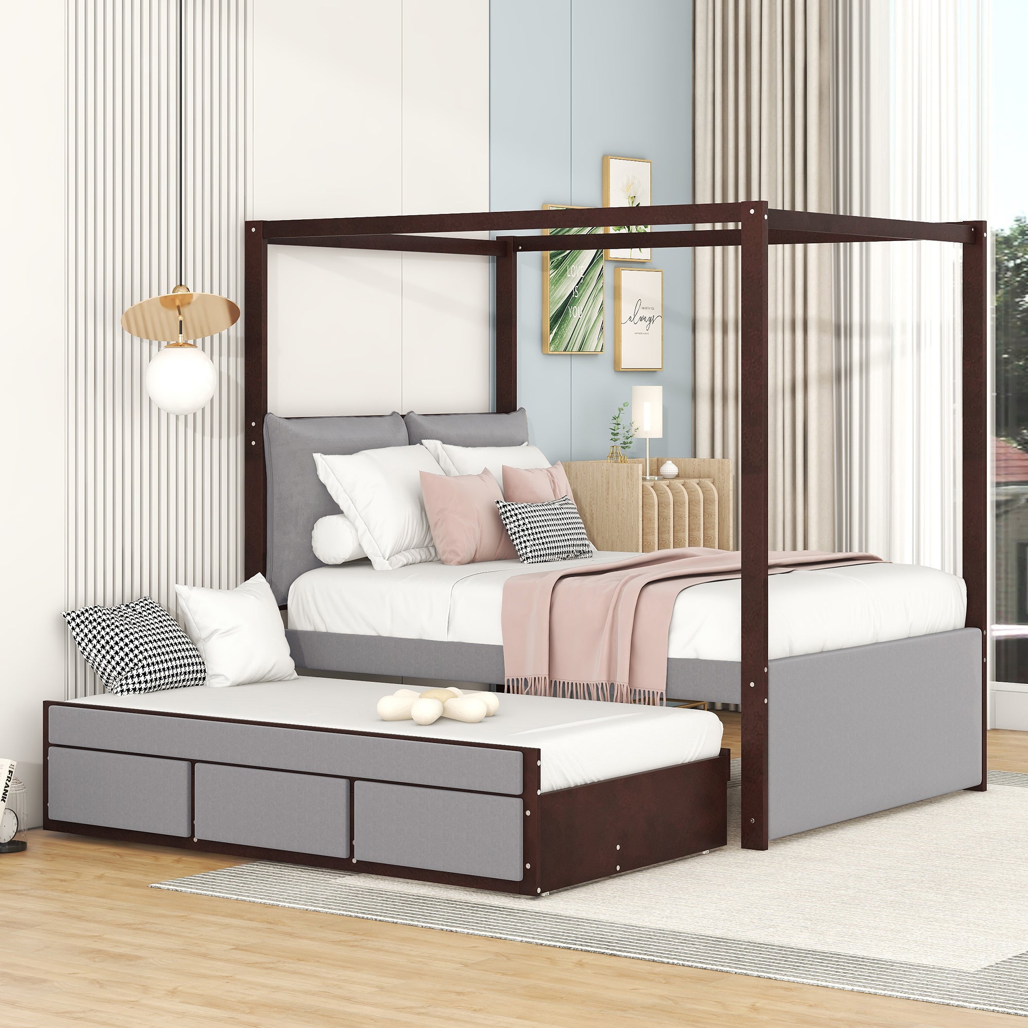 Full Size Upholstered  Canopy Bed with Trundle and 3 Drawers, Gray - Atlantic Fine Furniture Melbourne FL