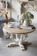 Round Wooden Coffee Table With Distressed Scrollwork Legs - Multicolor