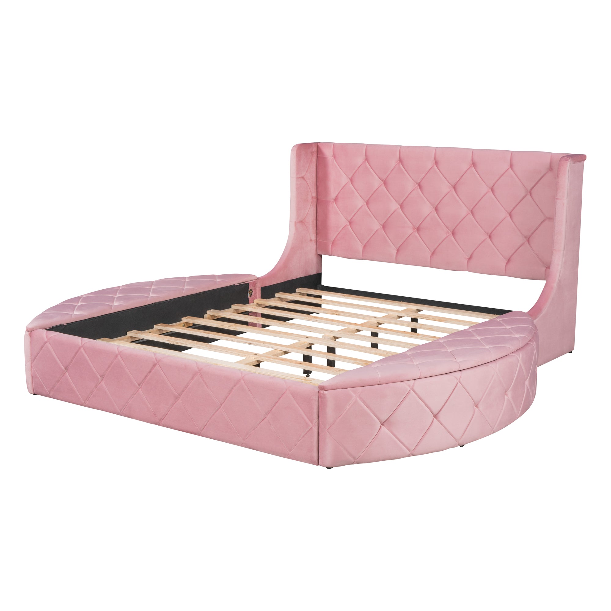 Upholstered Platform Bed Queen Size Storage Velvet Bed with Wingback Headboard and 1 Big Drawer,2 Side Storage Stool(Pink) - Atlantic Fine Furniture Melbourne FL