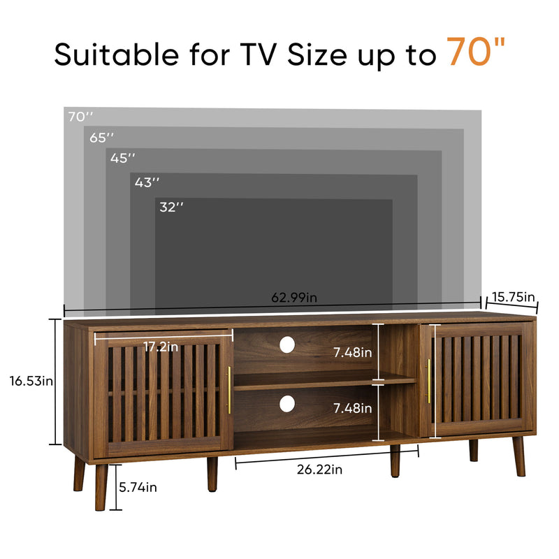 TV Stand With 2 Grille Door Cabinets And Adjustable Storage Rack, Suitable For Medieval Modern TV Cabinets, Entertainment Center With Storage Space - Walnut Wood