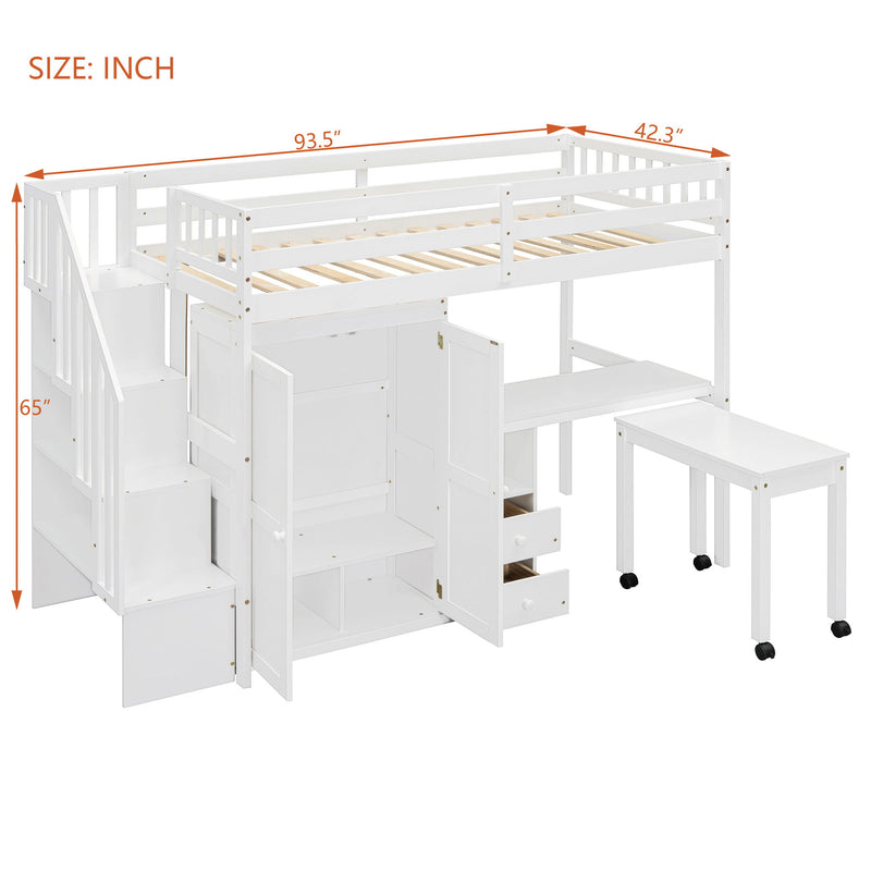 Loft Bed With Stairs, Bookshelf, Drawers, Desk & Wardrobe, Space Saving Multifunctional Furniture