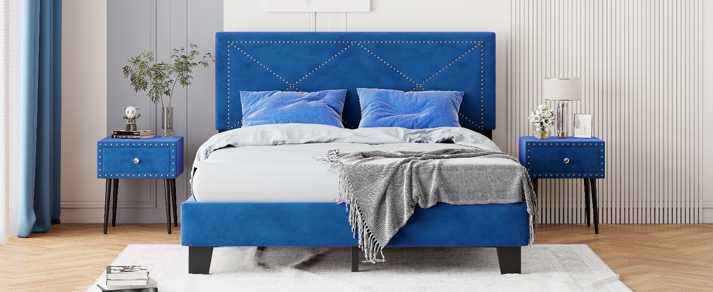 Simple Queen Size Upholstered Bed Frame with Rivet Design, Modern Velvet Platform Bed with headboard, Blue - Atlantic Fine Furniture Melbourne FL
