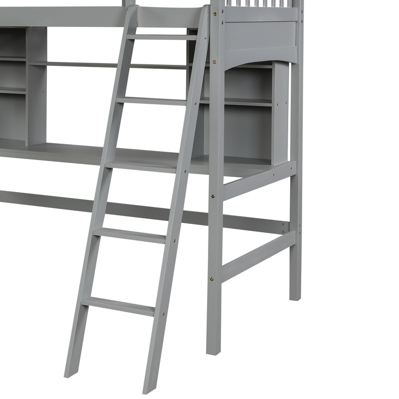 Twin size Loft Bed with Storage Shelves, Desk and Ladder, Gray(OLD SKU :LP000140EAA)