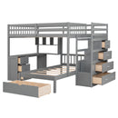 Full Over Twin Bunk Bed with Desk, Drawers and Shelves, Gray