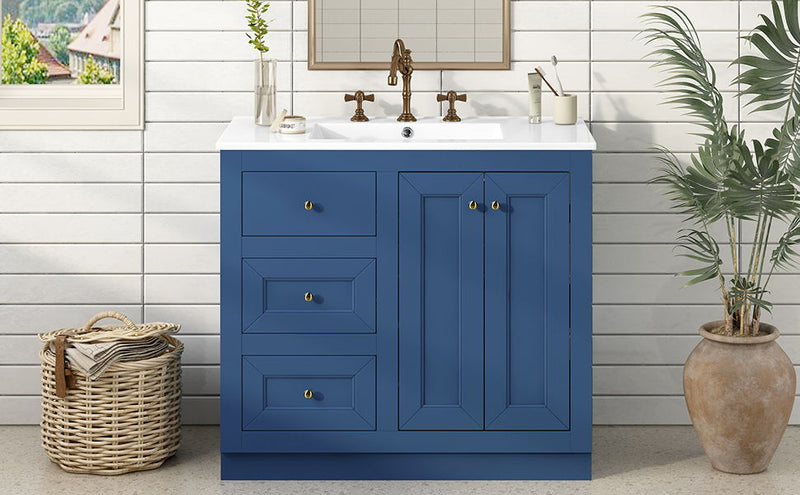 Bathroom Vanity With Ceramic Sink, Bathroom Storage Cabinet With 2 Drawers & Shelf, Freestanding Bathroom Cabinet - Blue