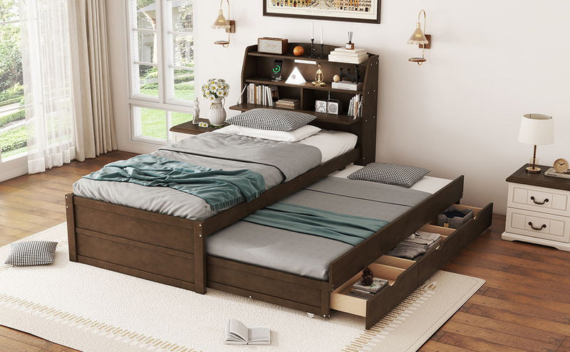 Wooden LED Platform Bed With Trundle, With Storage Headboard, With Drawers