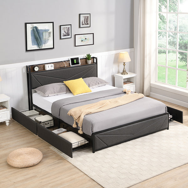 Full Bed Frame, Storage Headboard with Charging Station, Solid and Stable, Noise Free, No Box Spring Needed, Easy Assembly