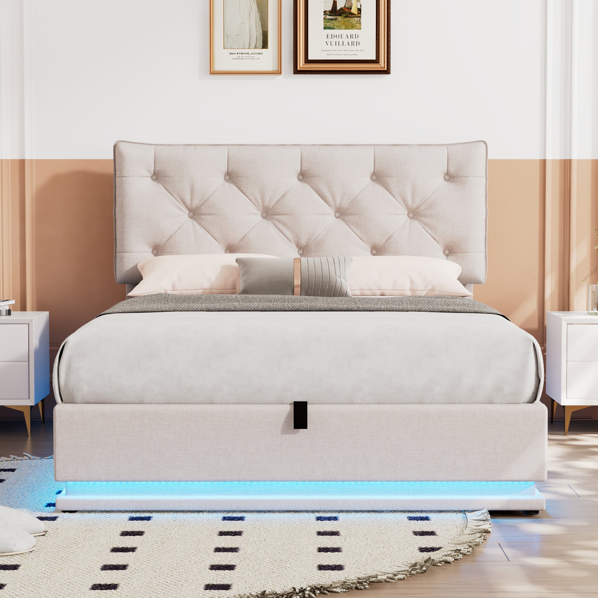 Full Size Upholstered Bed with Hydraulic Storage System and LED Light, Modern Platform Bed with Button-tufted Design Headboard, Beige - Atlantic Fine Furniture Melbourne FL