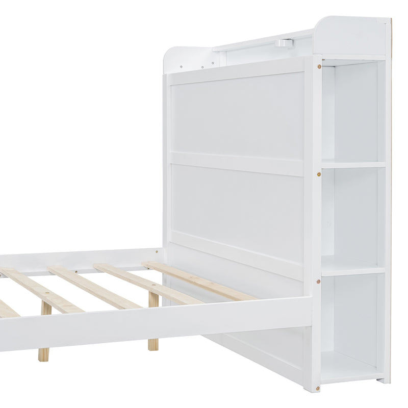 Full Size Platform Bed with built-in shelves, LED Light and USB ports, White