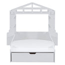 Twin Size House Bed with Bench, Socket and Shelves, White