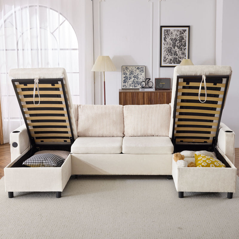 Sectional Sofa Bed With Pull Out Sleeper, USB Ports, Cup Holders