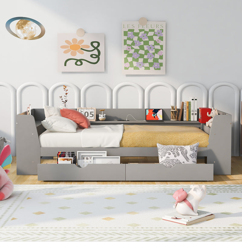 Twin Size Daybed with Shelves, Drawers and Built-In Charging Station, Gray