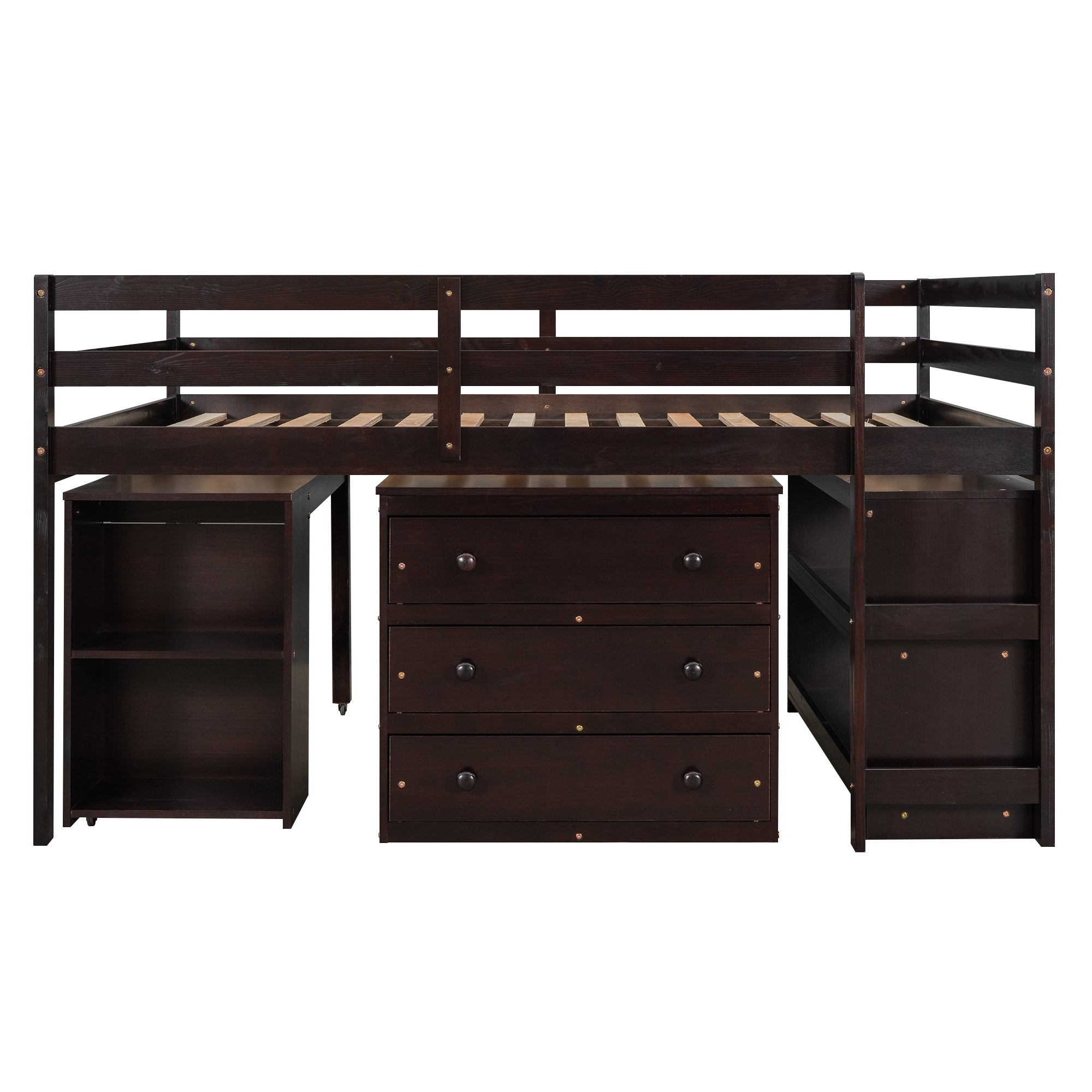 Low Study Full Loft Bed with Cabinet ,Shelves and Rolling Portable Desk ,Multiple Functions Bed- Espresso - Atlantic Fine Furniture Melbourne FL