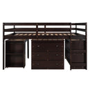 Low Study Full Loft Bed with Cabinet ,Shelves and Rolling Portable Desk ,Multiple Functions Bed- Espresso