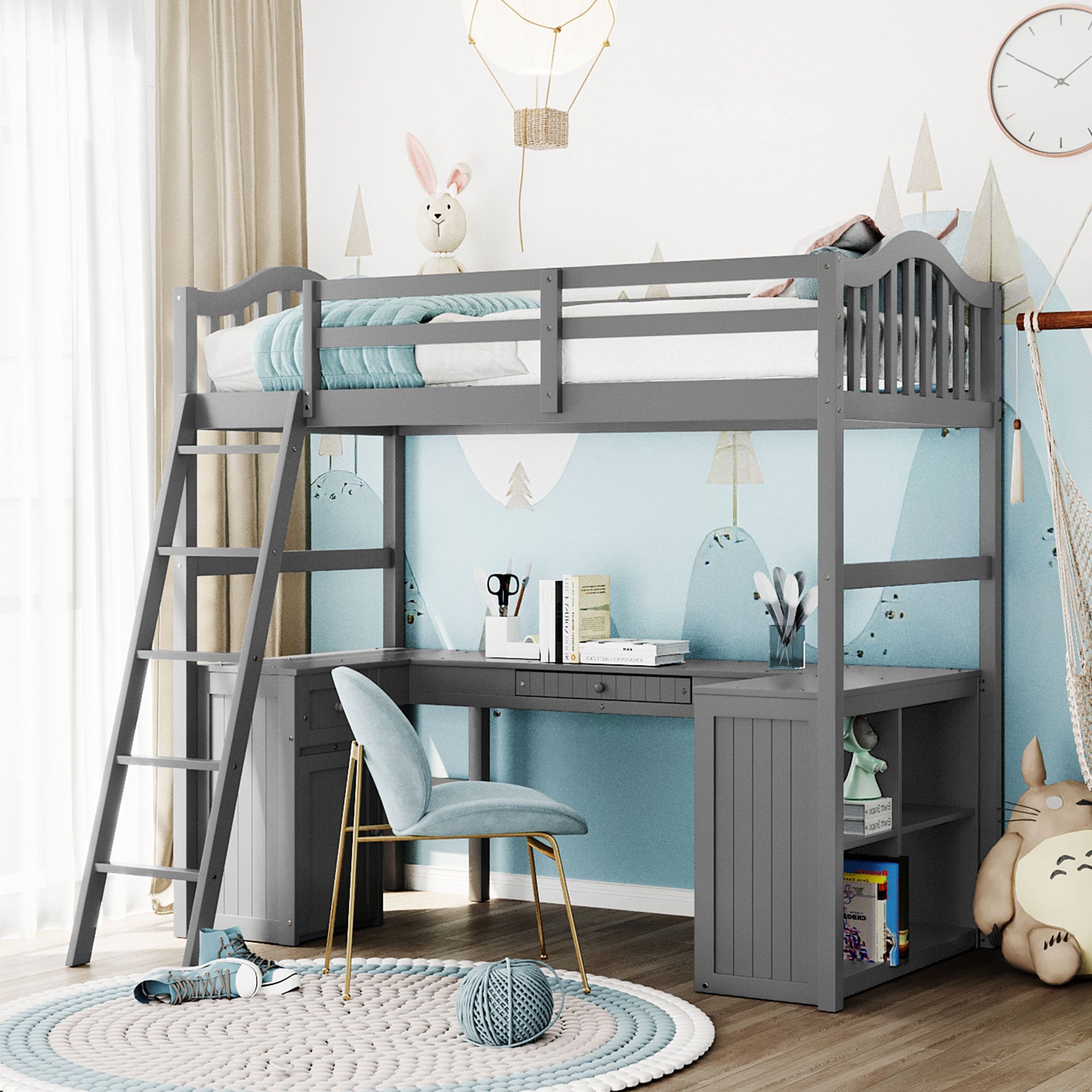 Twin size Loft Bed with Drawers, Cabinet, Shelves and Desk, Wooden Loft Bed with Desk - Gray(OLD SKU :LT000505AAE) - Atlantic Fine Furniture Melbourne FL