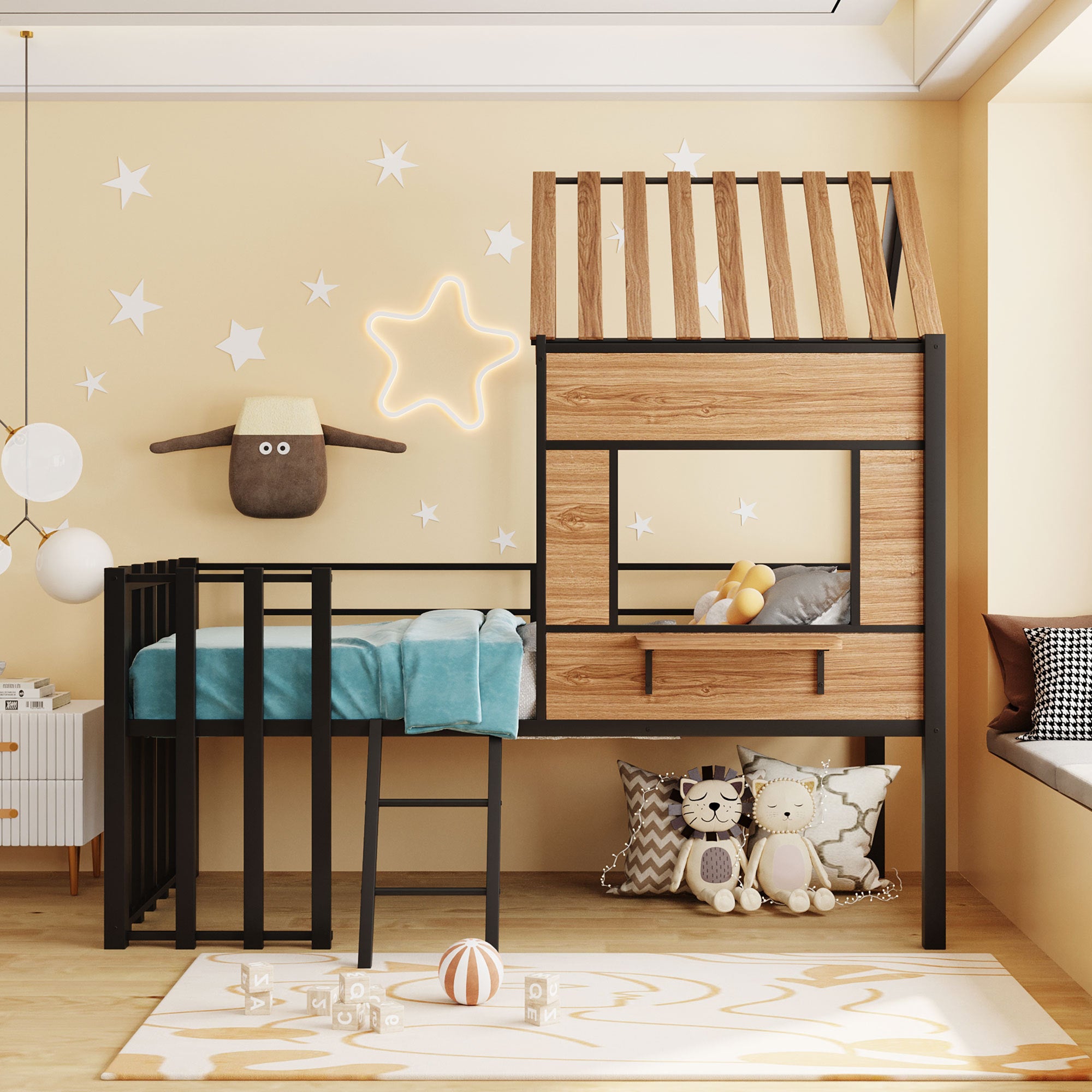 Metal Twin size Loft Bed with Roof, Window, Guardrail, Ladder Black - Atlantic Fine Furniture Melbourne FL