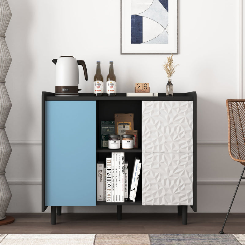 Modern Sideboard Buffet Cabinet With Red Doors And Unique Panel Styling