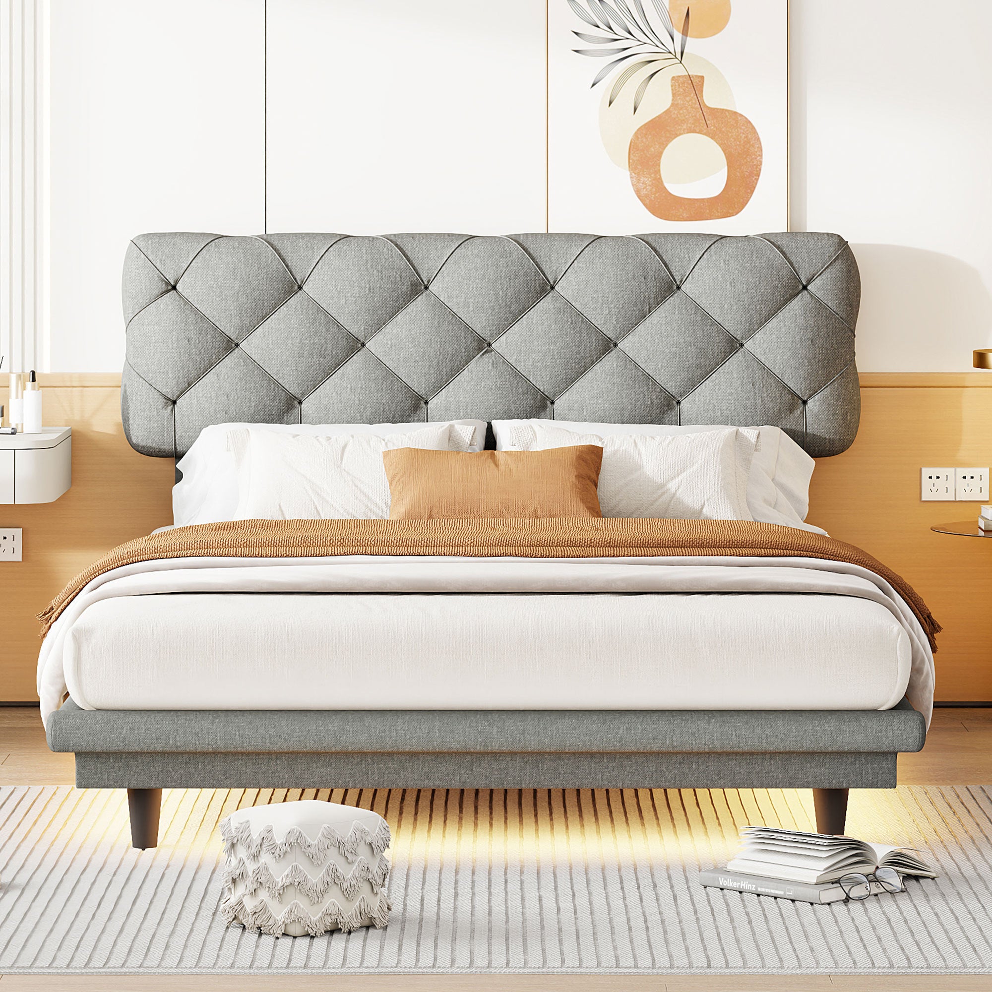 Full Size Upholstered Bed with Light Stripe, Floating Platform Bed, Linen Fabric,Gray - Atlantic Fine Furniture Melbourne FL