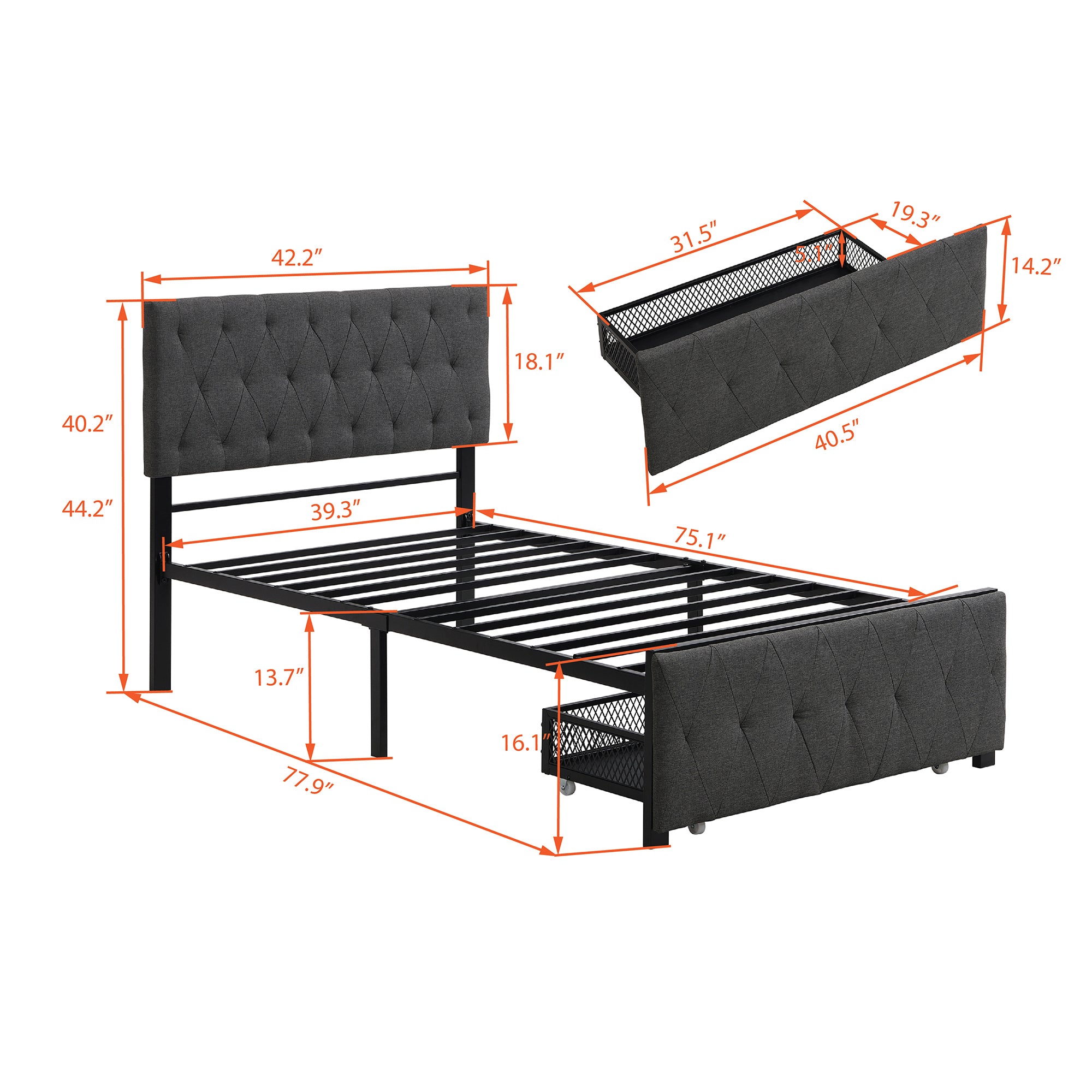 Twin Size Storage Bed Metal Platform Bed with a Big Drawer - Gray - Atlantic Fine Furniture Melbourne FL